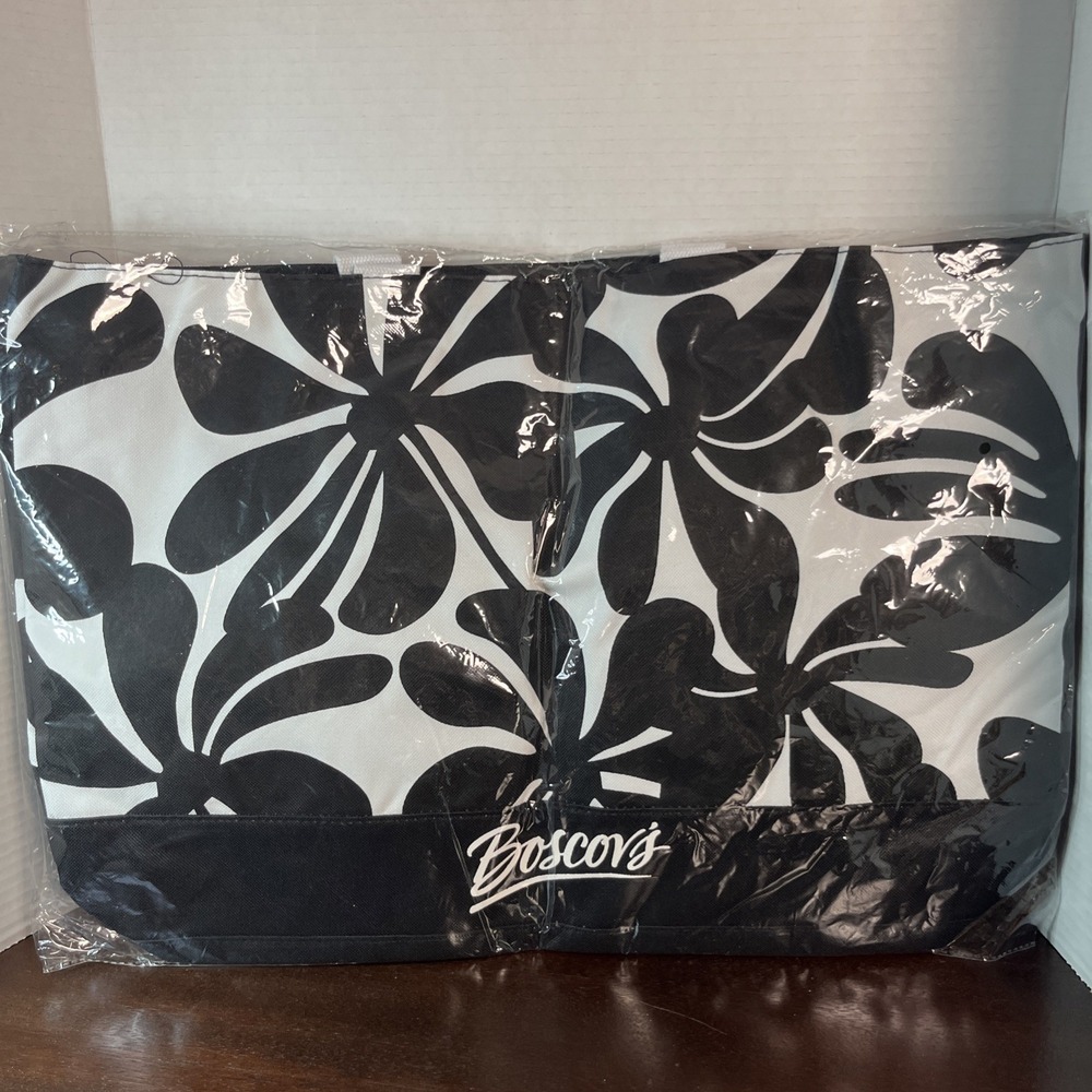 Boscovs Large Reusable Tote Dept Store 20x14 Shopping Bag Black White Floral New